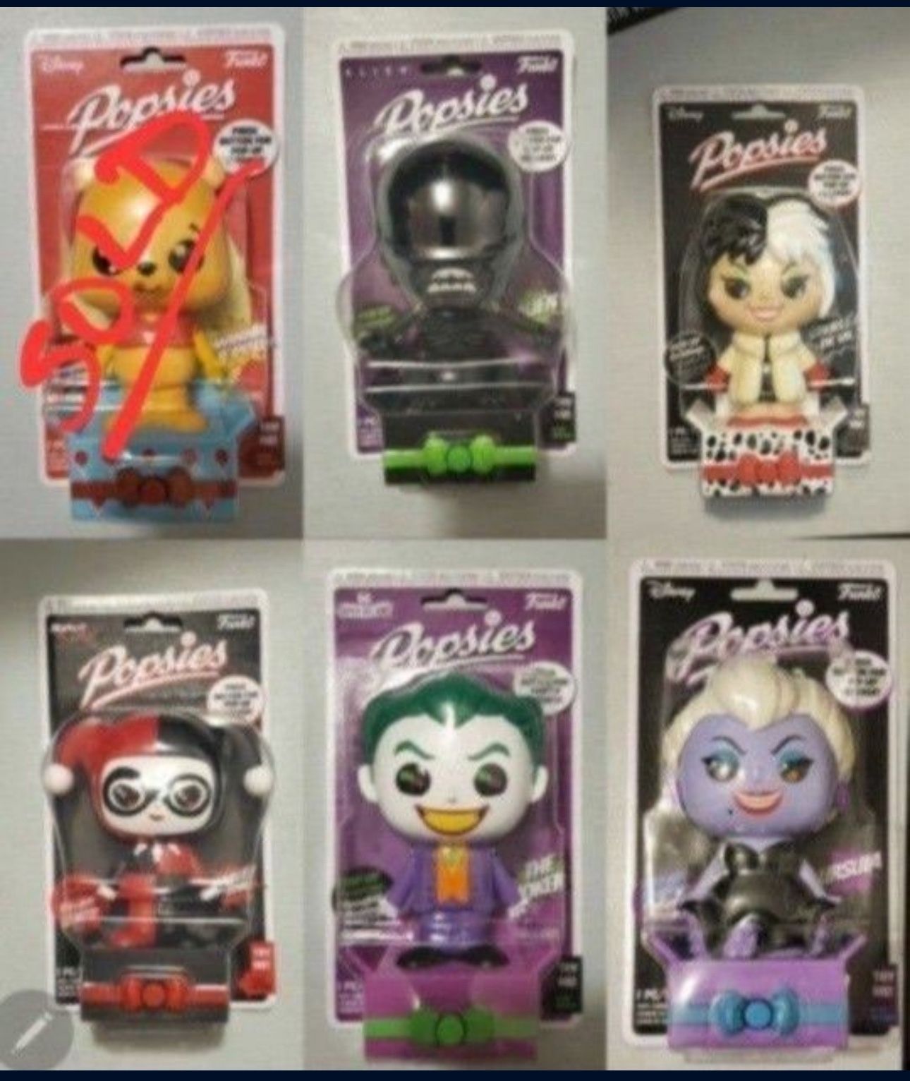 Funko Popsies Joker, Harley Quinn, Alien, Ursula, Cruella