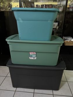 3 plastic containers / bins Sterilite largest has 2 wheels $20 takes all