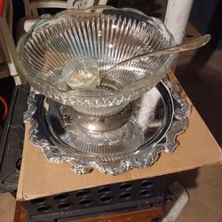 Punch Bowl With 8 Cups, Ladle And Platter.  Silver Plated