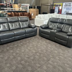 Charcoal Gray Leather Reclining Sofa Set 