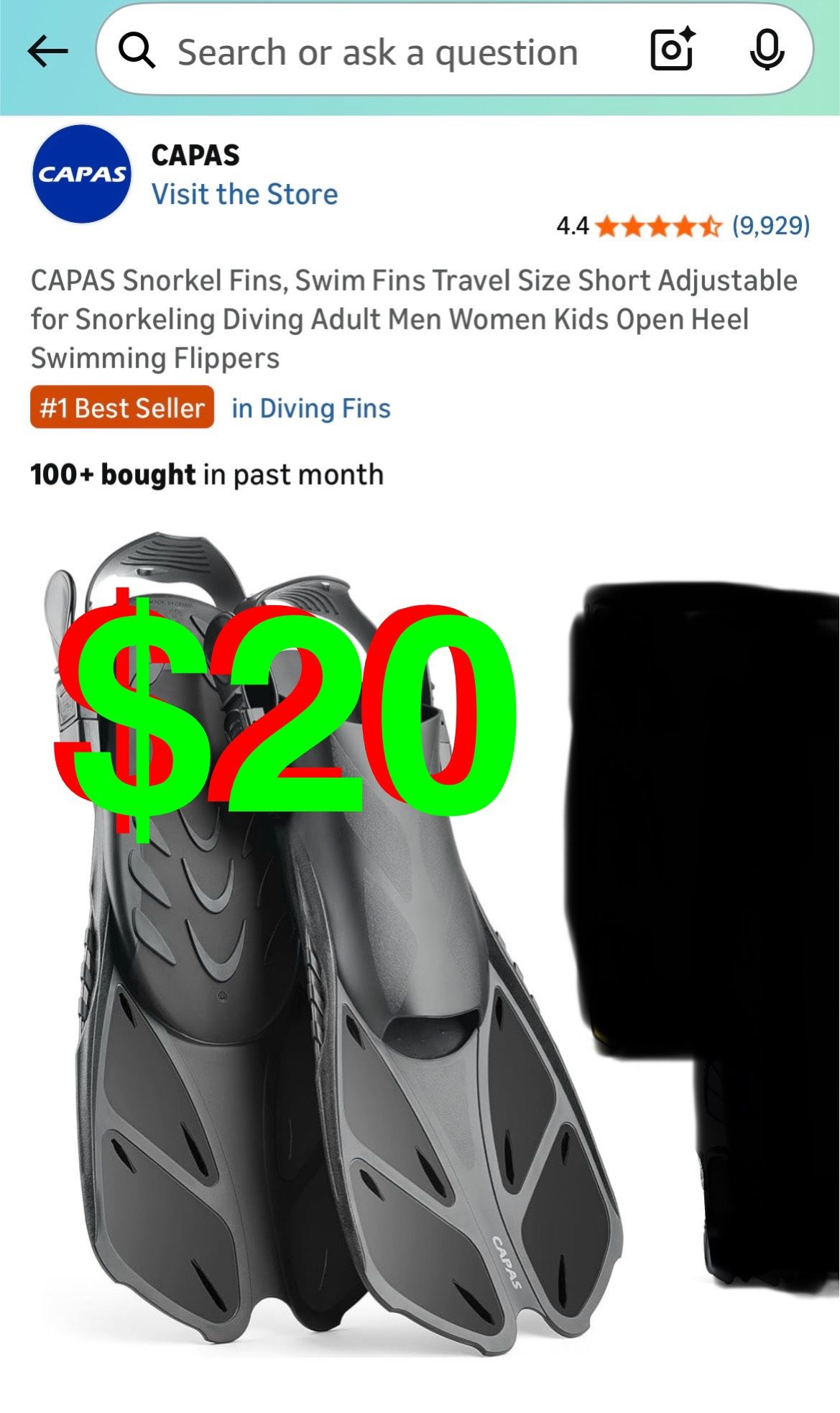 Snorkel Fins, Swim Fins Travel Size:  (S/M (US Men 4.5-8.5 / Women 5.5-9.5) Short Adjustable for Snorkeling Diving Adult Men Women Kids Open Hee