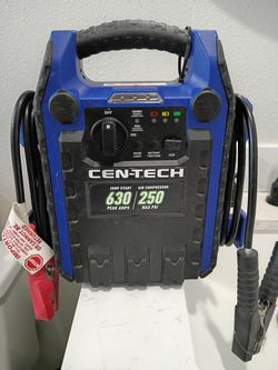 Up for sale is a Cen-Tech 630 Peak Amp Portable Jump Starter and Power Pack with an integrated 250 PSI air compressor, emergency LED work light, and U