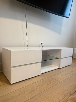 Modern White TV Stand / Entertainment Center with Drawers & Glass Shelf