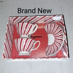 Brand New Elegance Red And White Striped Tea Cups And Saucers Set (Box Has Small Cut On The Lid)