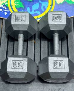 PAIR  OF  60LB.  STEEL  HEX  DUMBBELLS