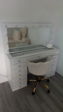 White Vanity Desk with Hollywood Mirror + Chair