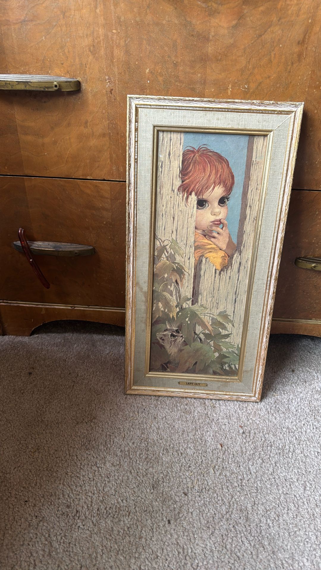 Vintage “Left Out” Big Eyes Print by Miki – Framed Wall Art