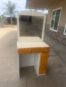 Small White and Pine Wood Vanity Desk with Mirror