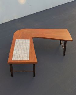 Refinished MCM Lane Walnut Boomerang Coffee Table with Tile Inlay