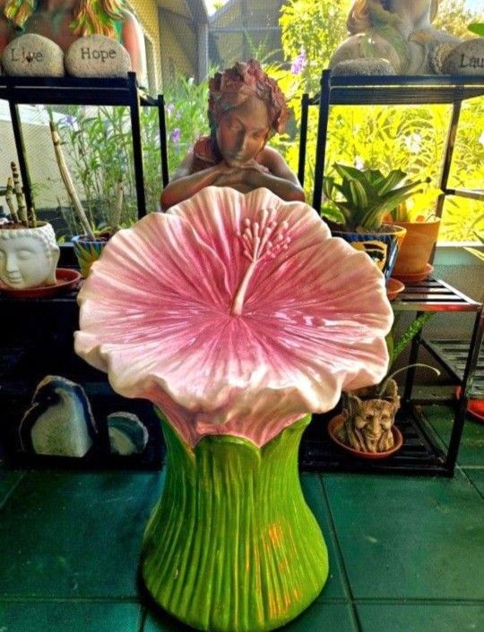 Pink Hibiscus Flower Outdoor Table Stool Garden Patio Pool Balcony Home Tropical Decor 18" Tall