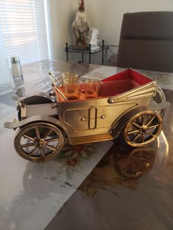Vintage Bar Car Music Box Decanter Set: Metal & Brass Barware


