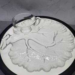 Set of (4) Vintage Hazel Atlas Glass Co. Tree of Life or Orchard pattern snack plates  &  cups, featuring a distinctive Clear pressed glass with a fro