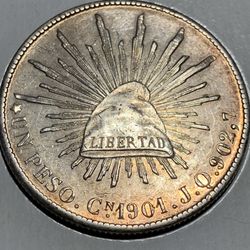 1901 JQ Mexican Silver Peso Large Coin