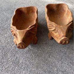 Vintage Hand Carved Woden Pig Bowls