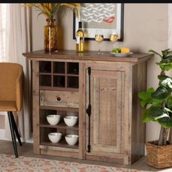 Rustic Oak Farmhouse 1-Door Dining Room Sideboard Buffet Wine Cabinet