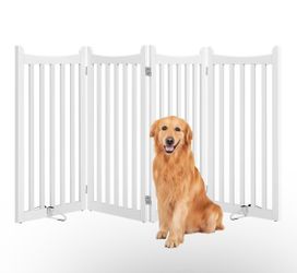 36" H Extra Tall Freestanding Pet Gate 4-Panel Wooden Dog Fence with 2 Support Feet Folding Dog Gate for Indoor, Stairs, Doorways, Halls, Kitchen Wood