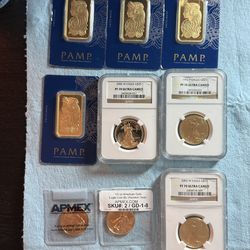 1oz gold bars in assay, graded and ungraded 1/2oz gold eagles coins- MS69 & PF70 Ultra Cameo bullion