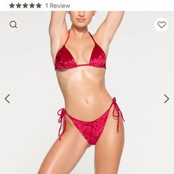 SKIMS CRUSHED VELVET TIE BIKINI BOTTOM LG RED