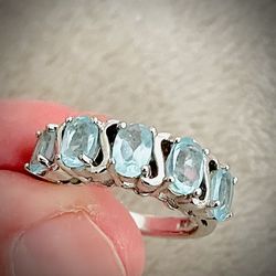 Aquamarine 5 Stone 925 Sterling Silver Ring Size 7