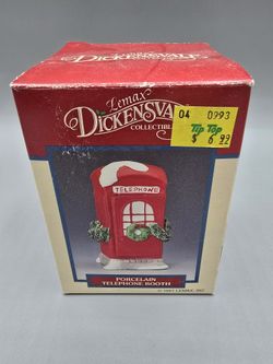 1991  Lemax Christmas Village Telephone Booth Phone Ceramic 3.5" With Box