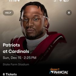 New England Patriots At Arizona Cardinals Sec 135 row 10 And Sec 136 row 11.  