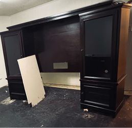 Dark Wood Media Center with Storage Cabinets