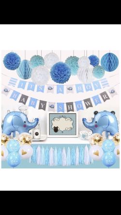 Juego completo para baby shower boys, 16 globos(8gris y 8azul), un letrero grande para fondo de pared, dos manteles, y lo que aparece en la primera