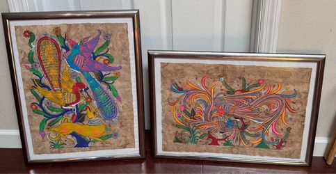 Pair of Mexican Amate Bark Framed Paintings $50 for Both