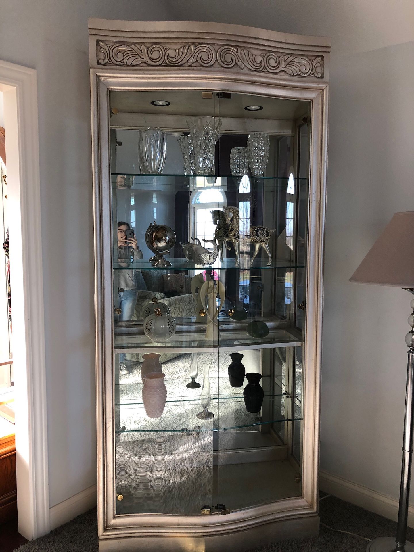 Drexel Heritage silver leaf illuminated curio cabinet