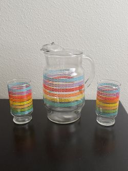 Vintage Rainbow Glass Pitcher with 2 Glasses