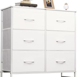White Dresser for Bedroom, 6 Drawer Double Dresser, Fabric Storage Tower with Fabric Bins, Chest of Drawers for Closet, Living Room, Hallway