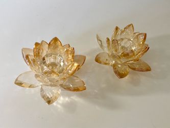 Brand New 2 Clear Crystal Lotus Flower Candle Holders