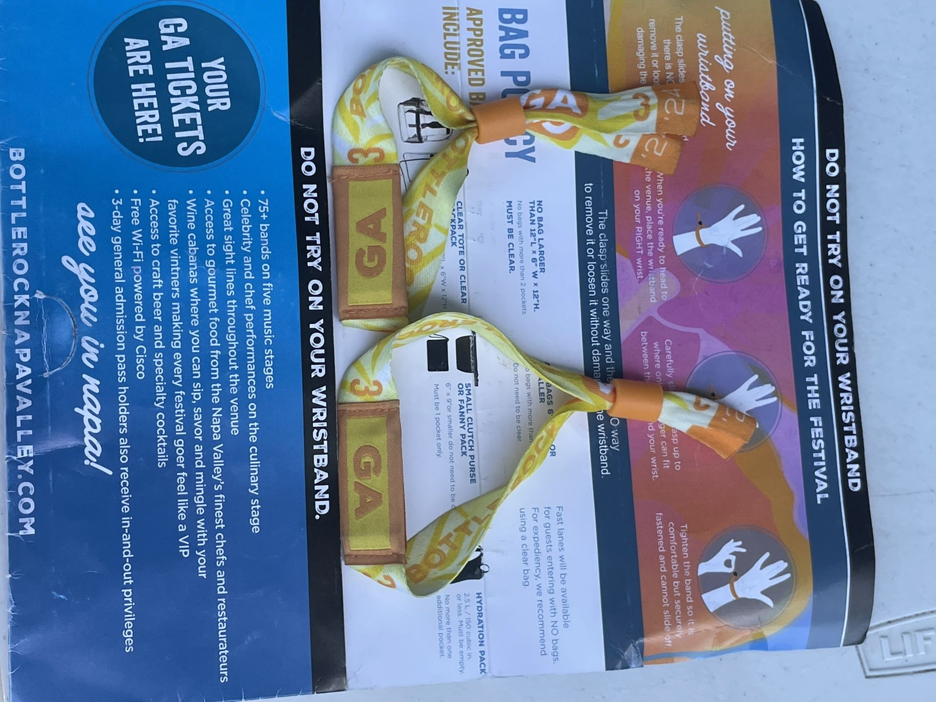 Bottle Rock GA Wristbands 