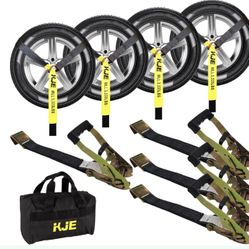 KJE 4 Pack Car Tie Down Straps For Trailers - Tire Ratchet Strap With Flat Hooks - 2" X 10' 10,000LBS Break Strength - Lasso Style Wheel Straps For Ha