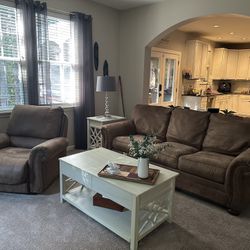 Ashley Sofa And Manual Recliner With Coffee And End Table In Great Condition 