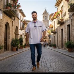 Men's Mexican Traditional Guayabera Button Up Collared Shirt, White, Size Medium