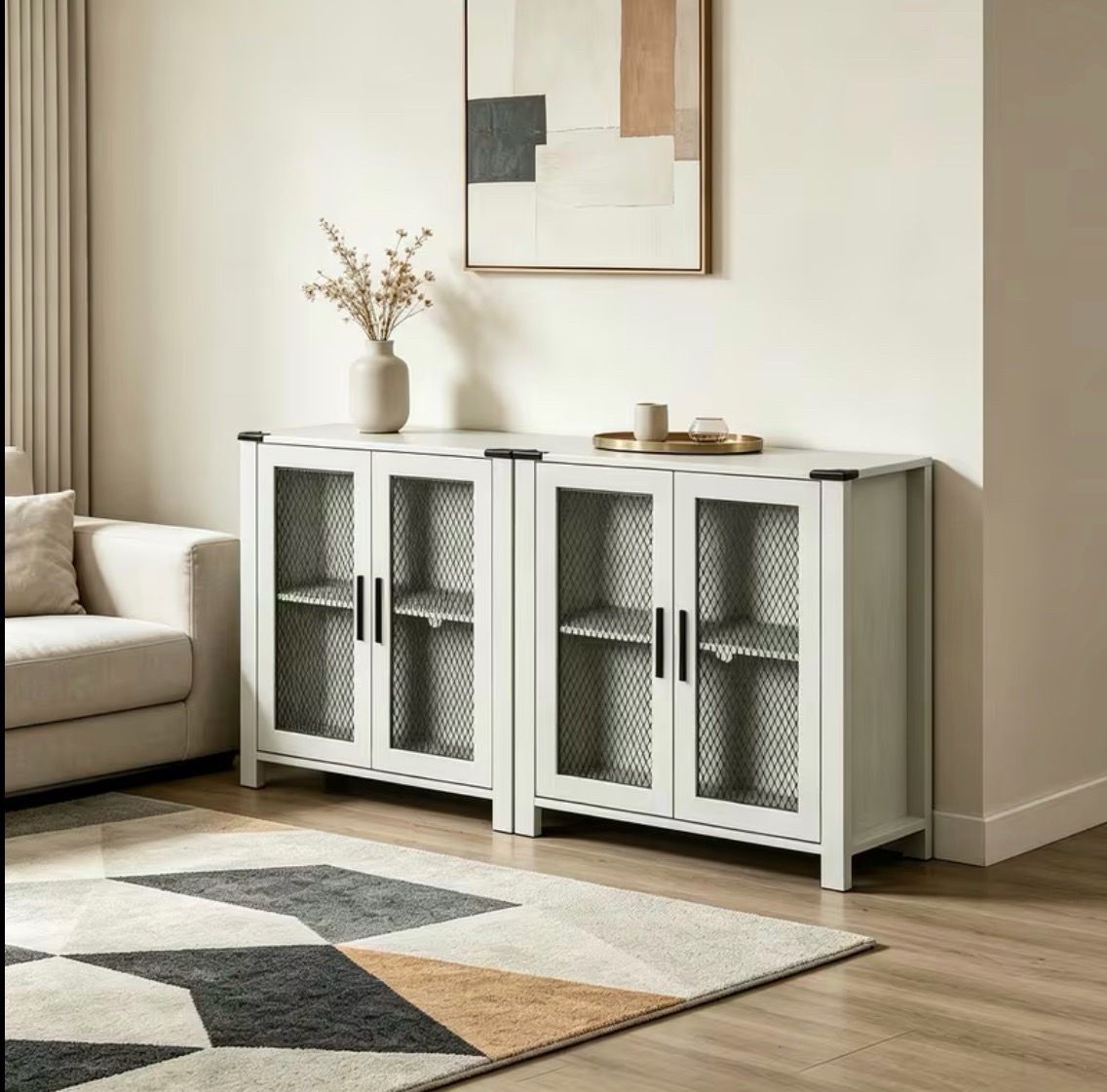 Sideboard Buffet Cabinet with 4 Mesh Doors, 30.6" Retro Storage Cabinet for Dining Room, Kitchen & Living Room, Adjustable Shelf Wood Accent Furniture