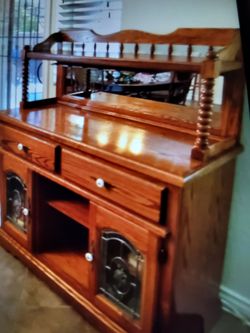 Dry bar, oak mirror's perfect all doors and drawers work. It's very heavy and vintage perfect