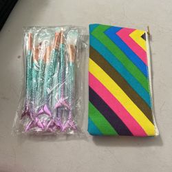 Makeup  10pcs Mermaid Colored Brushes With Carry On Poach