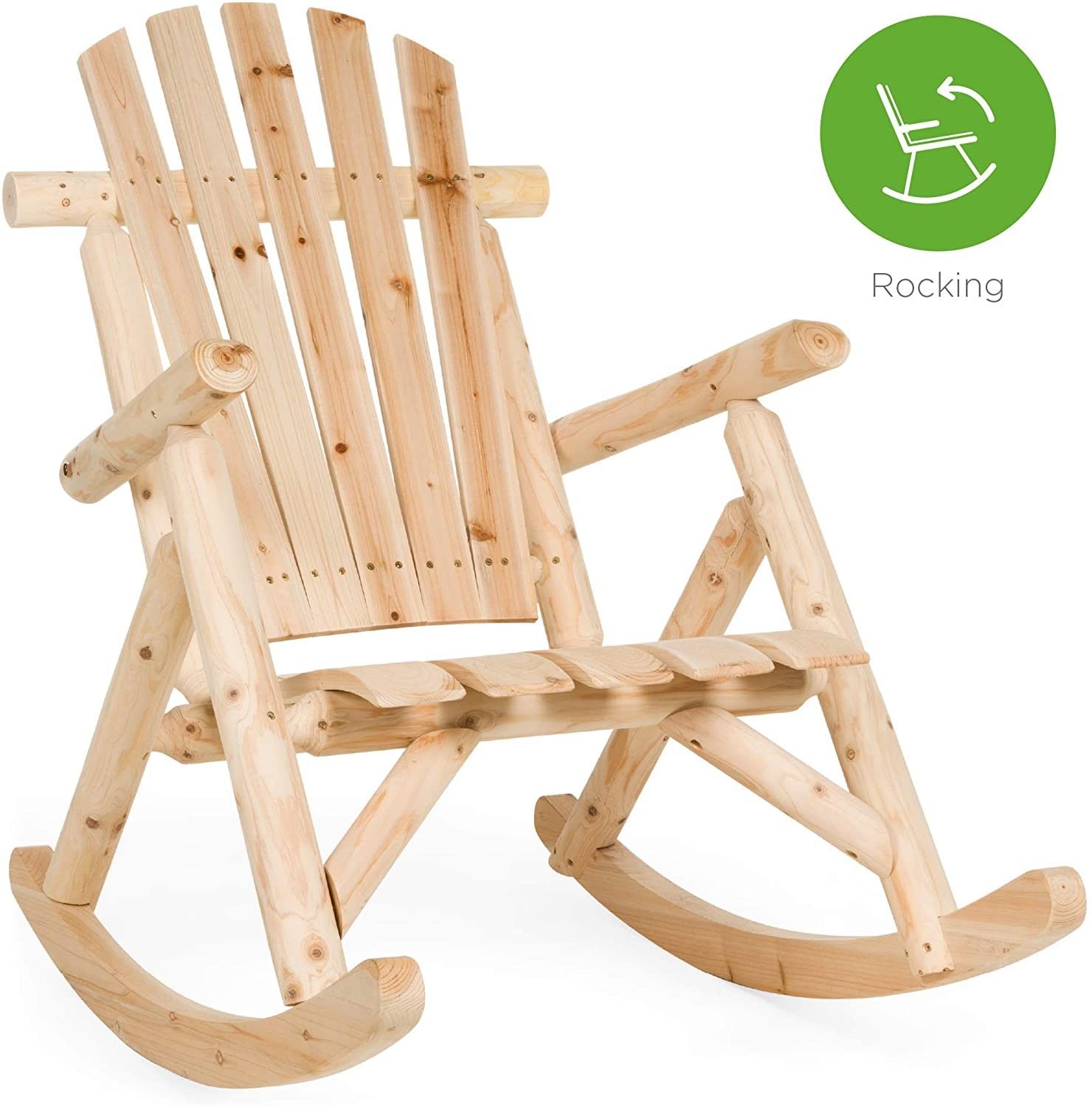 Lounger Wooden Rocking Chair Natural Finish, Biege, Indoor/Outdoor Patio Porch