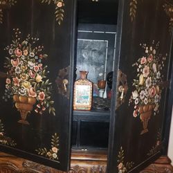 VINTAGE 72" HAND PAINTED FLORAL FLOWER ROSE WOODEN ORNATE VICTORIAN CABINET STORAGE SHELF DRAWER CONSOLE TABLE