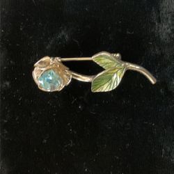  Vintage Silvertone Rose With Blue Crystal Brooch (Avon M N)