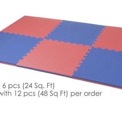 Foam  mats are brand new, each box covers 48 ft.², 1 inch thick, heavy duty, have three different colors available, black/purple, black/gray ,blue/red