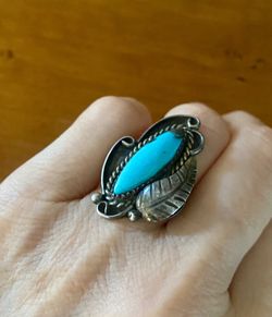 Vintage Sterling Silver Feather Turquoise Ring size 6