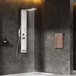 Multifunctional Shower System, Rainfall Waterfall Spout, 2 Massage Jets, Tub Spout & Handheld Shower, 304 Stainless Steel System with Body Jets (A01)
