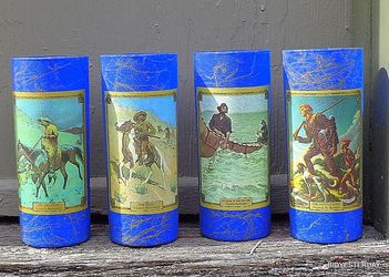 Jim beam REMINGTON cowboy western cobalt blue glass tumblers x 4 !