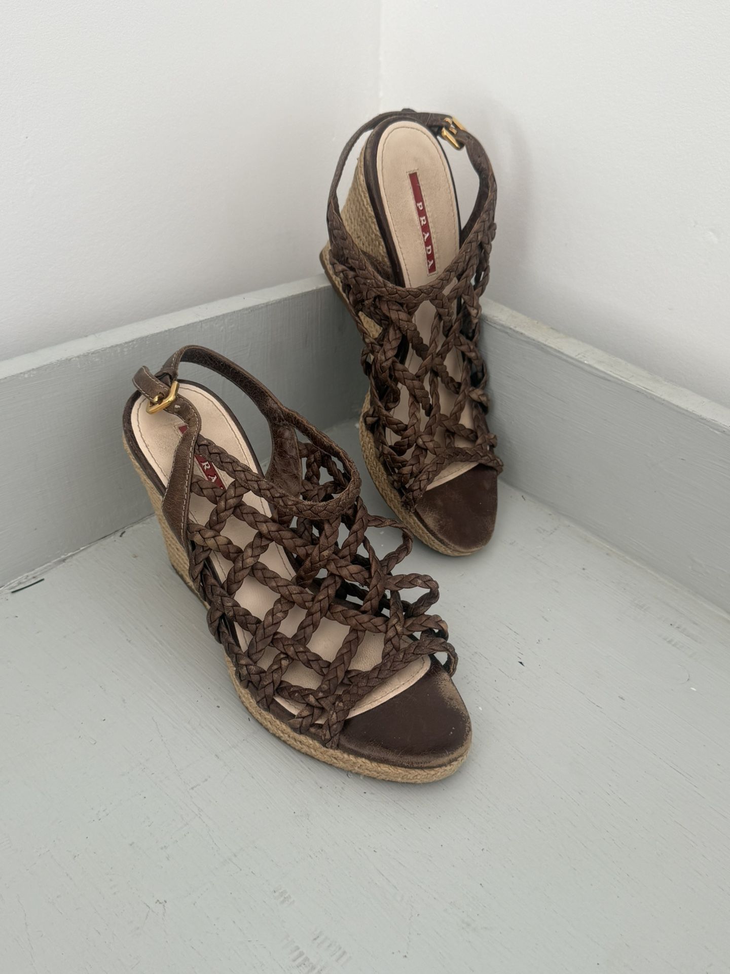 Prada Brown Braided Leather sandals wedge platform 
