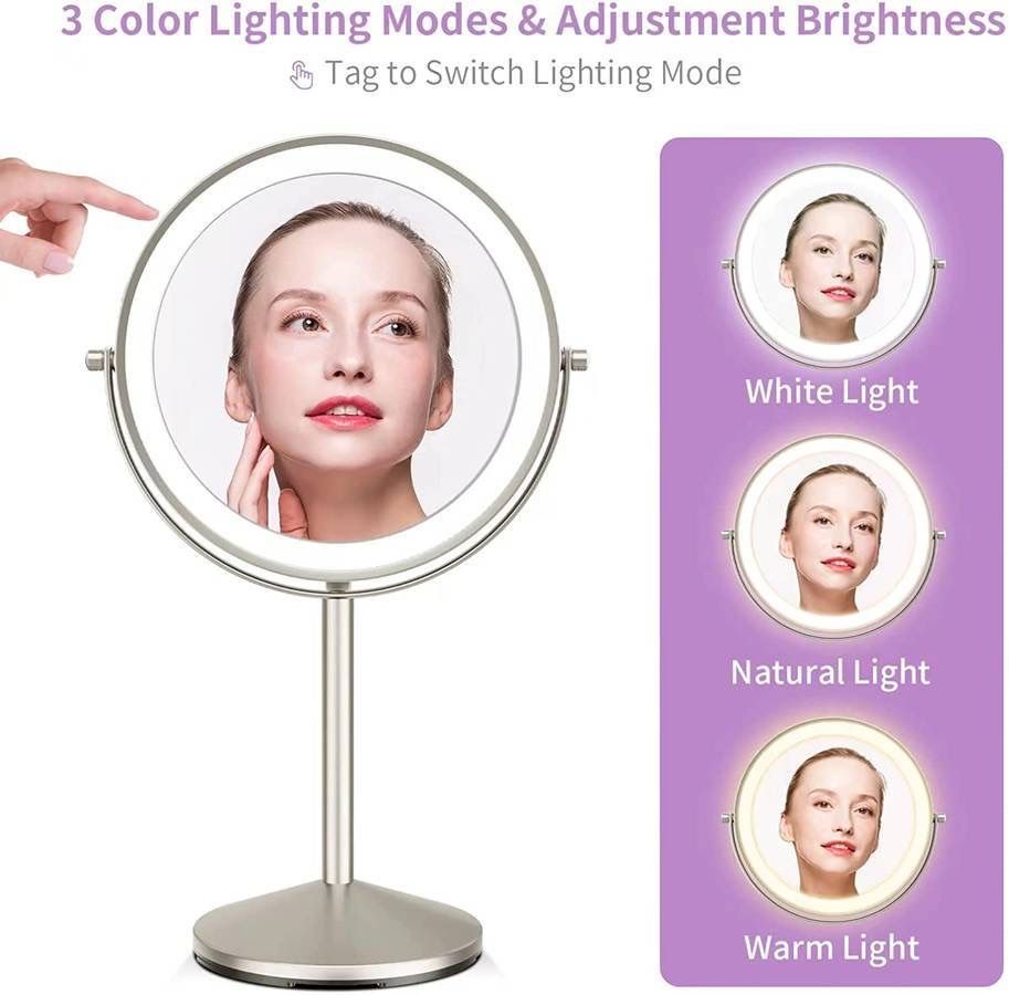 Vanity Mirror with Lights, 1X/10X Magnifying Makeup Mirror with Lights, 8 Inch Rechargeable Double Sided Lighted Makeup Mirror, Dimmable Led Vanity Mi