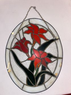 17 x 13” Hang Oval Leaded Glass Flowers Lilies roses Sun Catcher Stained Glass Decor