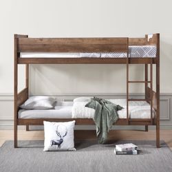 Stackable Brown Wood Twin/Twin Bunkbed With 2 Mattresses Included